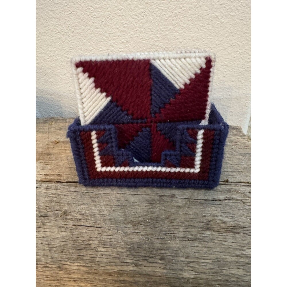 Plastic Canvas Hand Woven Coasters and Holder Set Of 4